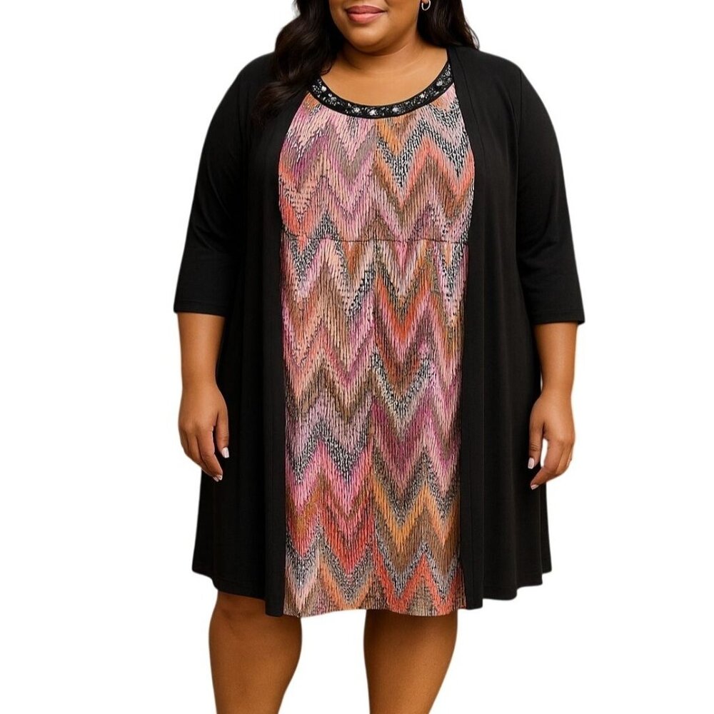 Notations 2X Dress Black Layered Look Jacket Chevron Print Embellished Neckline